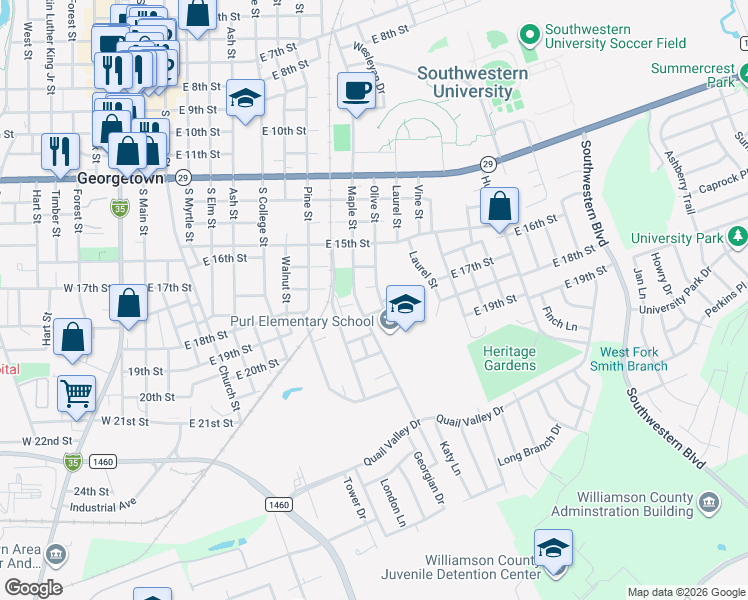 map of restaurants, bars, coffee shops, grocery stores, and more near 1708 Olive Street in Georgetown