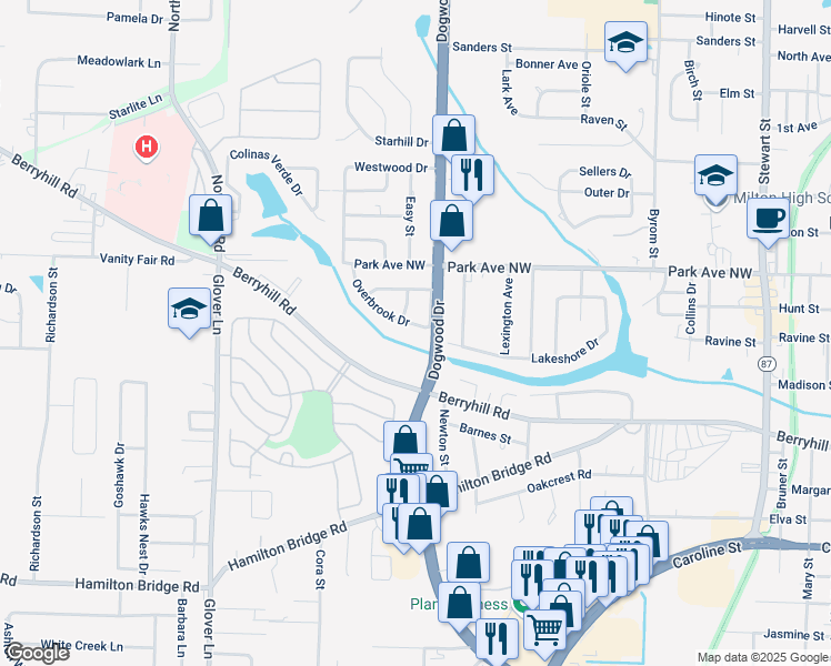 map of restaurants, bars, coffee shops, grocery stores, and more near 5334 Overbrook Drive in Milton