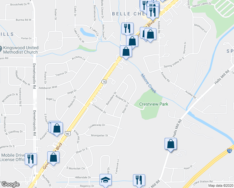 map of restaurants, bars, coffee shops, grocery stores, and more near 1501 Roland Drive in Mobile