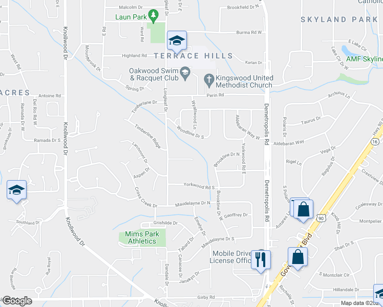 map of restaurants, bars, coffee shops, grocery stores, and more near 5258 Wentworth Court in Mobile