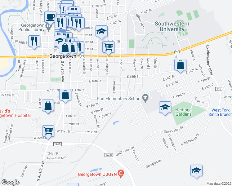 map of restaurants, bars, coffee shops, grocery stores, and more near 1703 Walnut Street in Georgetown