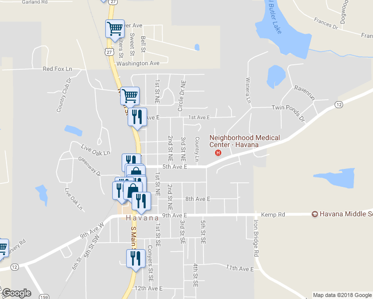 map of restaurants, bars, coffee shops, grocery stores, and more near 605 3rd Street Northeast in Havana