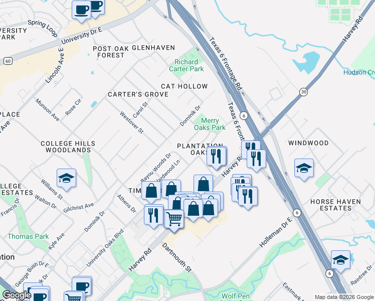 map of restaurants, bars, coffee shops, grocery stores, and more near 1403 Bayou Woods Drive in College Station