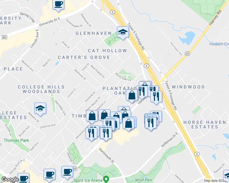 map of restaurants, bars, coffee shops, grocery stores, and more near 1418 Magnolia Drive in College Station