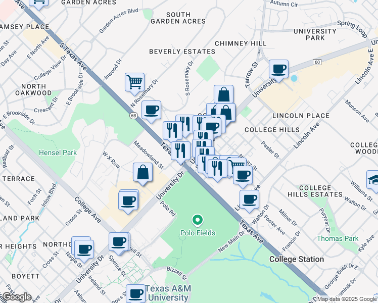 map of restaurants, bars, coffee shops, grocery stores, and more near in College Station