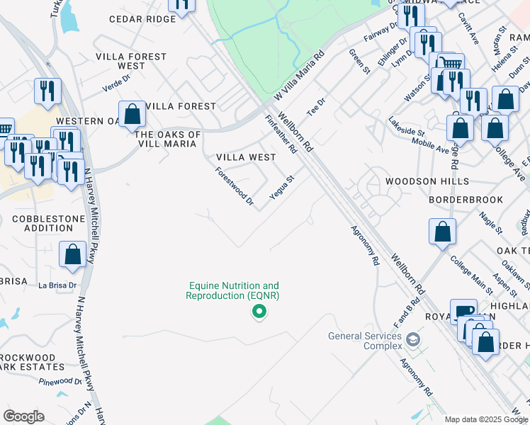 map of restaurants, bars, coffee shops, grocery stores, and more near 819 Yegua Street in Bryan