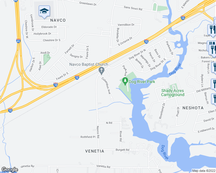 map of restaurants, bars, coffee shops, grocery stores, and more near 2398 Columbus Avenue in Mobile