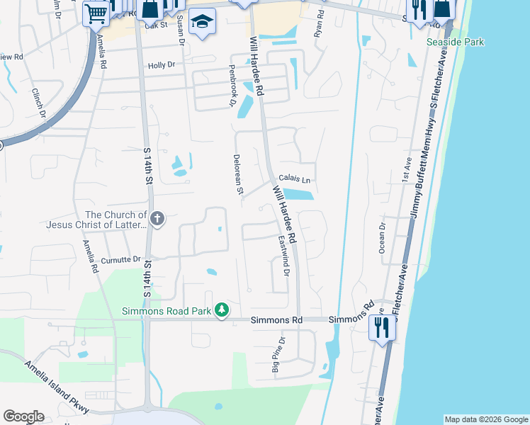 map of restaurants, bars, coffee shops, grocery stores, and more near 2727 Eastwind Drive in Fernandina Beach