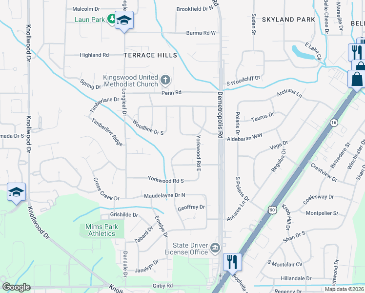 map of restaurants, bars, coffee shops, grocery stores, and more near 5112 Brookline Drive North in Mobile