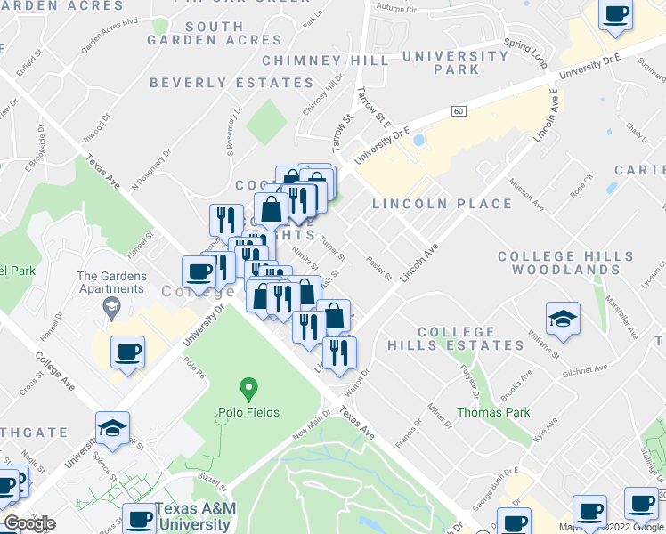 map of restaurants, bars, coffee shops, grocery stores, and more near 401 Ash Street in College Station