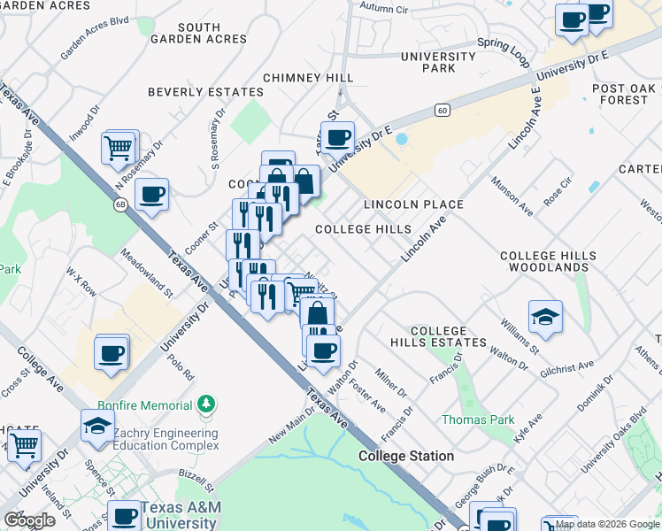 map of restaurants, bars, coffee shops, grocery stores, and more near 313 Lincoln Avenue in College Station