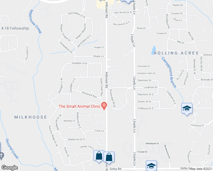 map of restaurants, bars, coffee shops, grocery stores, and more near 2907 Hillcrest Road in Mobile