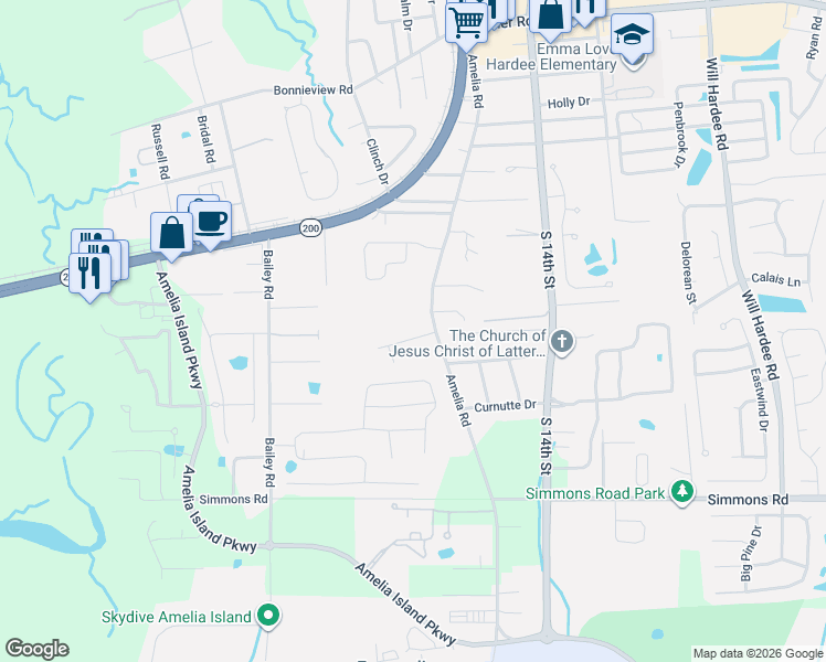 map of restaurants, bars, coffee shops, grocery stores, and more near 765 Gaines Lane in Fernandina Beach