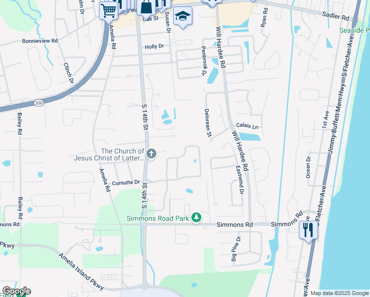map of restaurants, bars, coffee shops, grocery stores, and more near 96105 Ocean Breeze Drive in Fernandina Beach