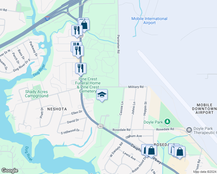 map of restaurants, bars, coffee shops, grocery stores, and more near 2051 Military Road in Mobile
