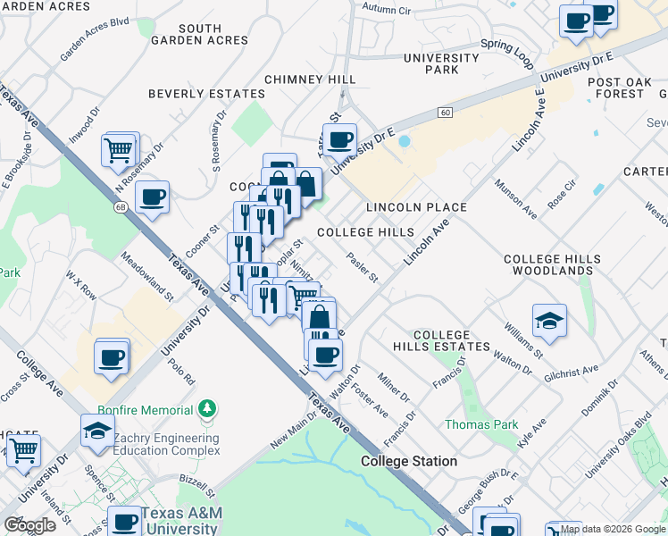 map of restaurants, bars, coffee shops, grocery stores, and more near 313 Lincoln Avenue in College Station