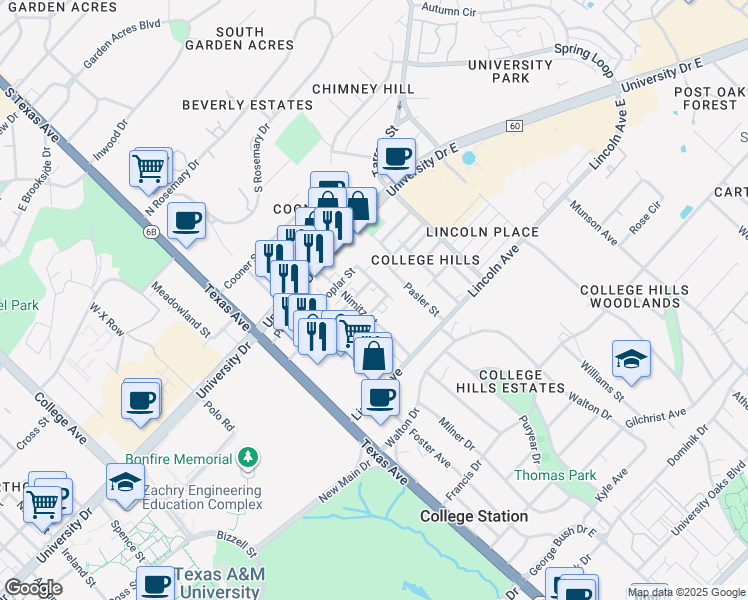 map of restaurants, bars, coffee shops, grocery stores, and more near 401 Ash Street in College Station