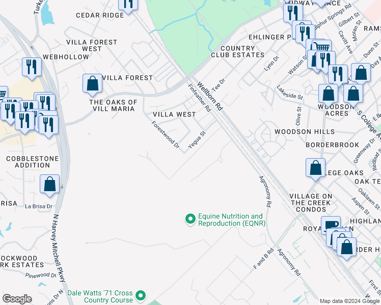 map of restaurants, bars, coffee shops, grocery stores, and more near 3708 Forestwood Drive in Bryan
