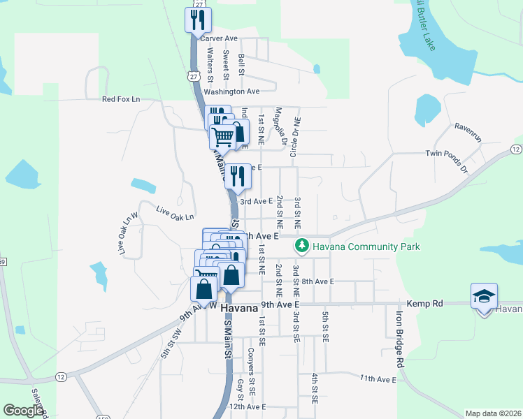 map of restaurants, bars, coffee shops, grocery stores, and more near 609 1st Street Northeast in Havana
