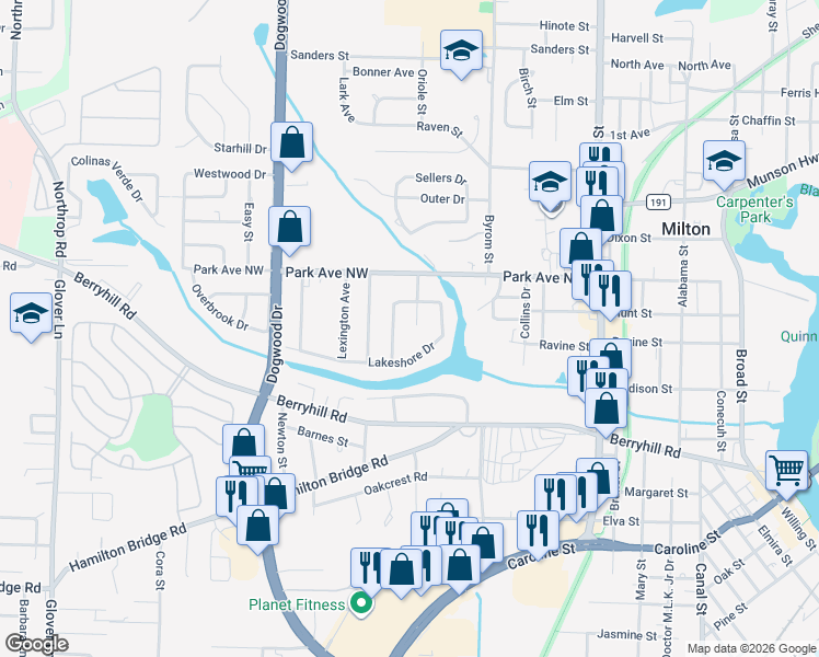 map of restaurants, bars, coffee shops, grocery stores, and more near 5338 Youpon Drive in Milton