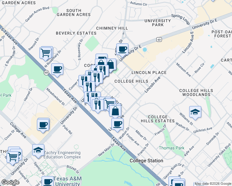 map of restaurants, bars, coffee shops, grocery stores, and more near 401 Ash Street in College Station