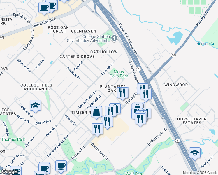 map of restaurants, bars, coffee shops, grocery stores, and more near 1417 Magnolia Drive in College Station