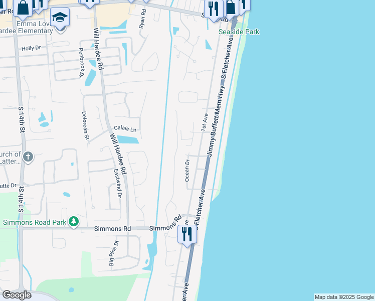 map of restaurants, bars, coffee shops, grocery stores, and more near 2724 Ocean Drive in Fernandina Beach