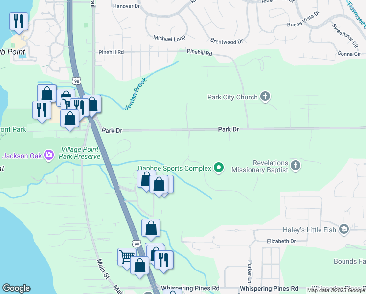 map of restaurants, bars, coffee shops, grocery stores, and more near 27440 County Road 13 in Daphne