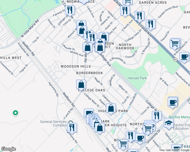 map of restaurants, bars, coffee shops, grocery stores, and more near 3907 Nagle Street in Bryan