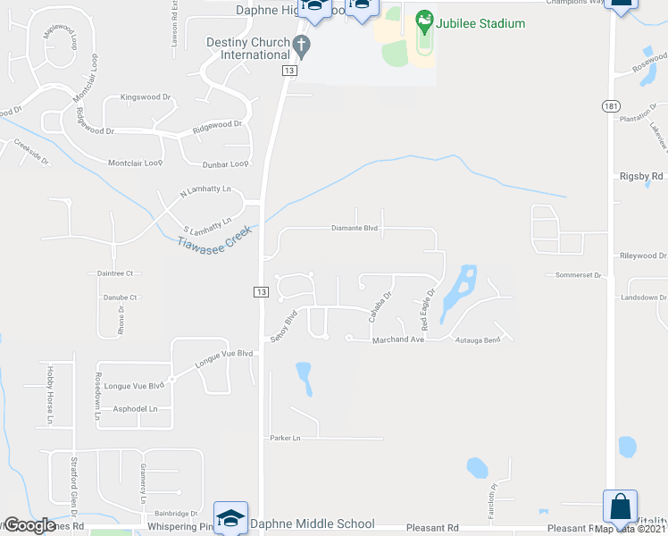 map of restaurants, bars, coffee shops, grocery stores, and more near 27711 Fort Toulouse Court in Daphne