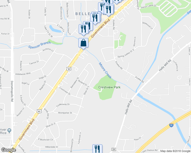 map of restaurants, bars, coffee shops, grocery stores, and more near 4155 Shan Drive East in Mobile
