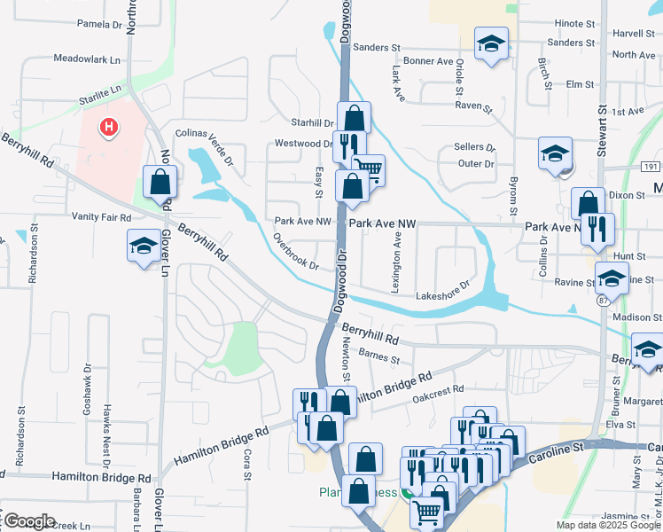 map of restaurants, bars, coffee shops, grocery stores, and more near 5339 Overbrook Drive in Milton