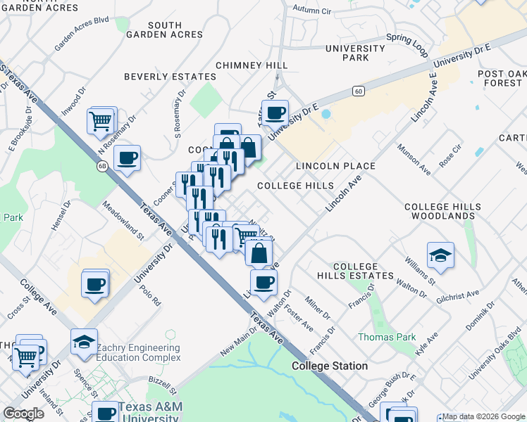 map of restaurants, bars, coffee shops, grocery stores, and more near 401 Ash Street in College Station