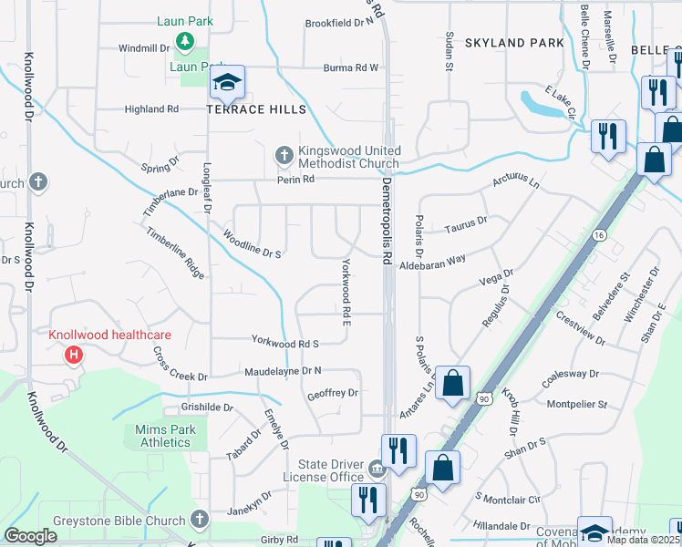 map of restaurants, bars, coffee shops, grocery stores, and more near 2958 Yorkwood Road East in Mobile
