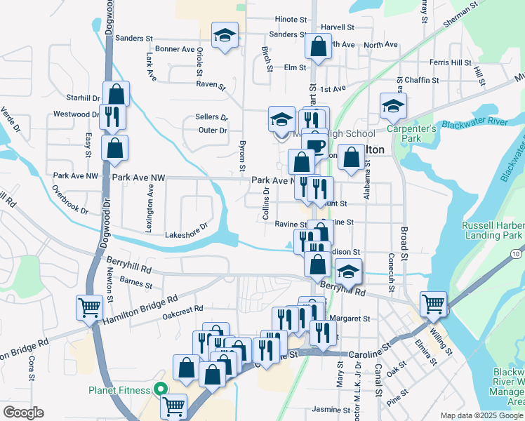 map of restaurants, bars, coffee shops, grocery stores, and more near 6617 Ravine Street in Milton