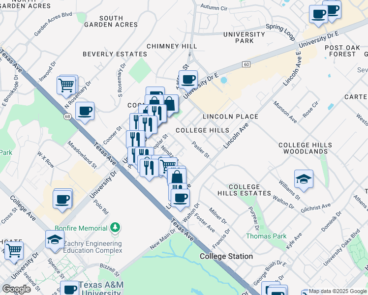 map of restaurants, bars, coffee shops, grocery stores, and more near 313 Lincoln Avenue in College Station