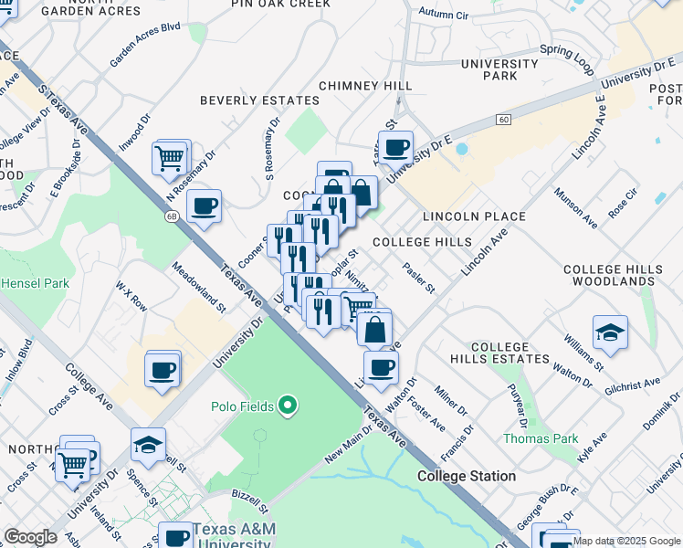 map of restaurants, bars, coffee shops, grocery stores, and more near 301 Live Oak Street in College Station