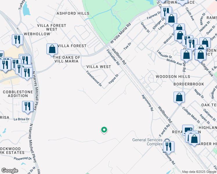 map of restaurants, bars, coffee shops, grocery stores, and more near 3708 Forestwood Drive in Bryan