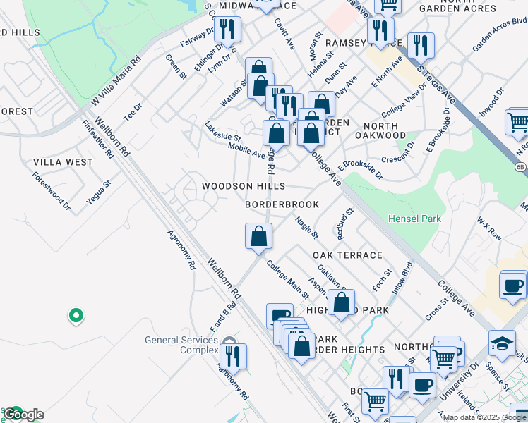 map of restaurants, bars, coffee shops, grocery stores, and more near 500 Olive Street in Bryan