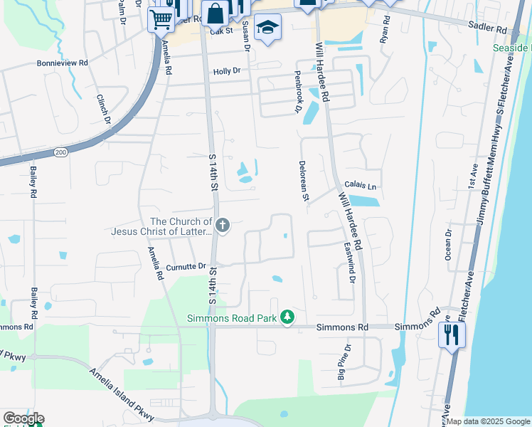 map of restaurants, bars, coffee shops, grocery stores, and more near 96105 Ocean Breeze Drive in Fernandina Beach