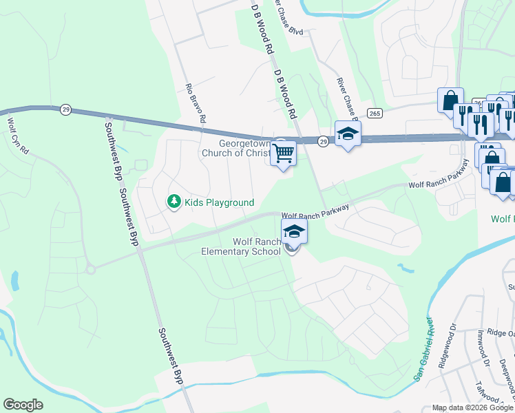 map of restaurants, bars, coffee shops, grocery stores, and more near 121 East Legend Oaks Drive in Georgetown