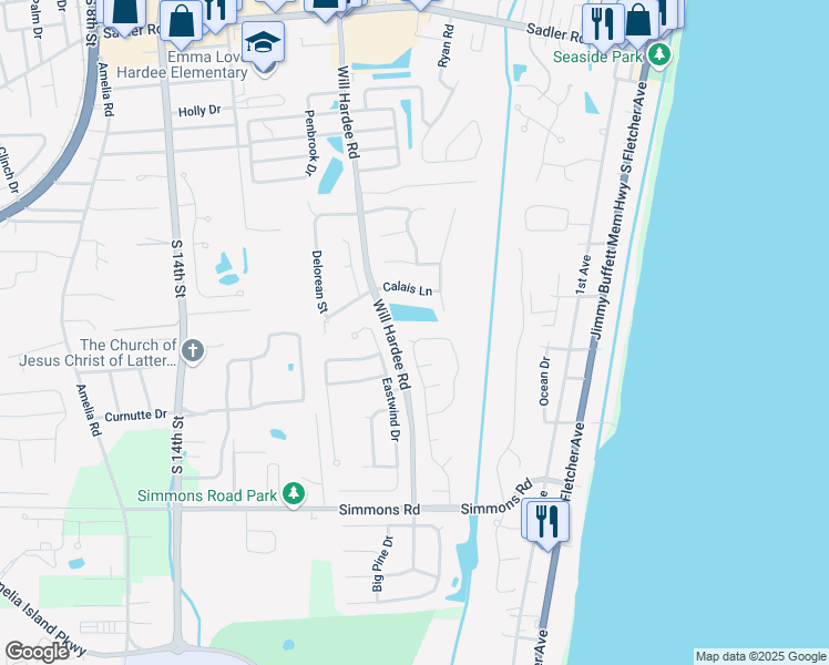 map of restaurants, bars, coffee shops, grocery stores, and more near 2701 Le Sabre Place in Fernandina Beach