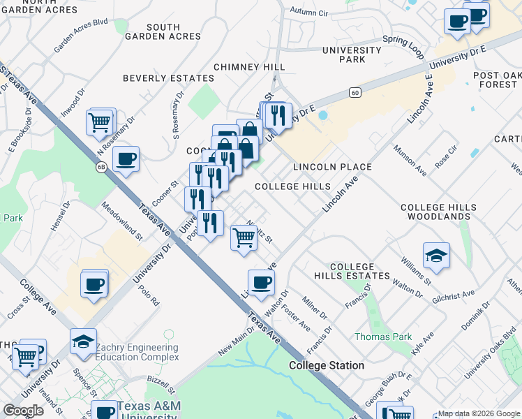 map of restaurants, bars, coffee shops, grocery stores, and more near 609 Turner Street in College Station