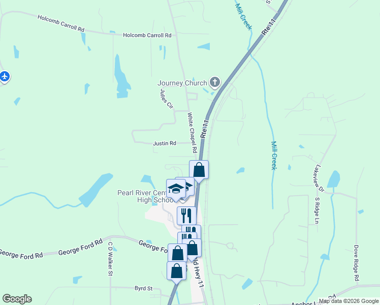 map of restaurants, bars, coffee shops, grocery stores, and more near 1-121 Justin Rd in Carriere