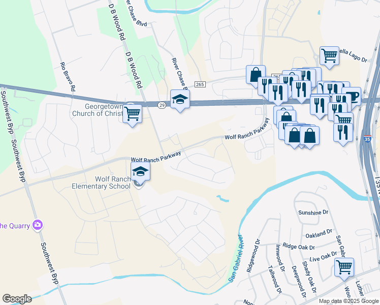 map of restaurants, bars, coffee shops, grocery stores, and more near Wolf Ranch Parkway in Georgetown