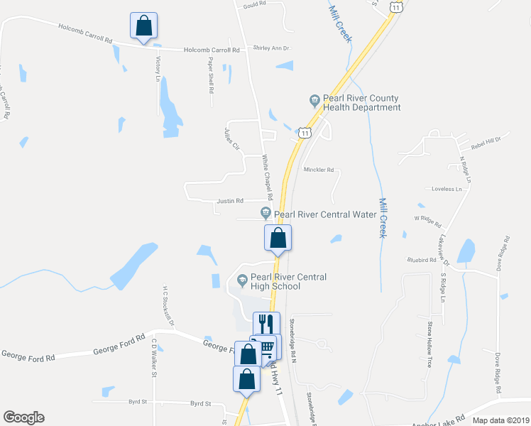 map of restaurants, bars, coffee shops, grocery stores, and more near 1-121 Justin Rd in Carriere
