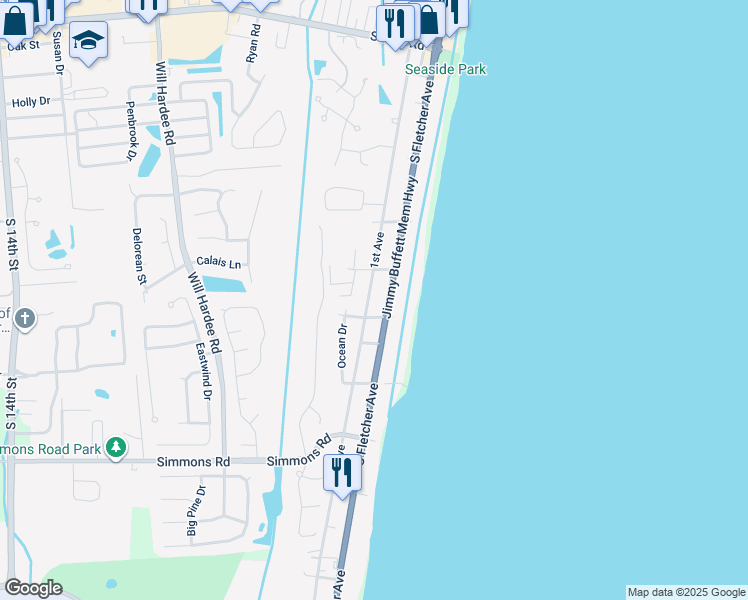 map of restaurants, bars, coffee shops, grocery stores, and more near 2606 1st Avenue in Fernandina Beach