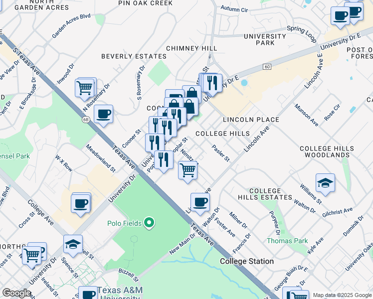 map of restaurants, bars, coffee shops, grocery stores, and more near 609 Turner Street in College Station