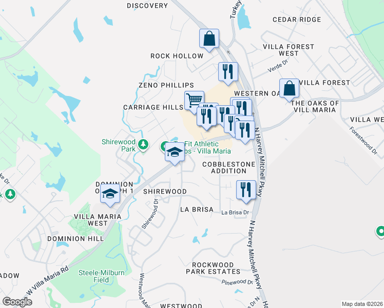 map of restaurants, bars, coffee shops, grocery stores, and more near 1642 West Villa Maria Road in Bryan