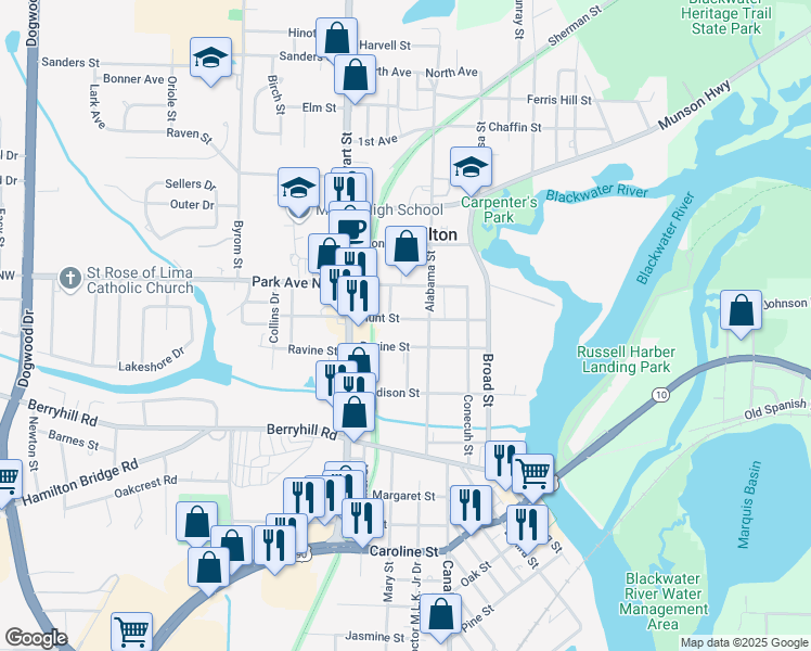 map of restaurants, bars, coffee shops, grocery stores, and more near 6763 Hunt Street in Milton